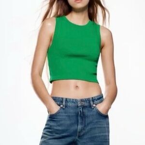 Zara Green Cropped Top Women’s Size Small Ribbed Tank Vest Crop Top Casual Cute